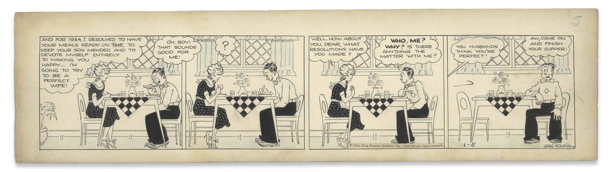 Chic Young Hand-Drawn ''Blondie'' Comic Strip From 1934 Titled ''Men Are So Conceited!'' -- Blondie Makes a New Year's Resolution to be the ''Perfect Wife!''